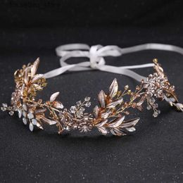 Wedding Hair Jewellery Champagne Alloy Crystal Beads Flower Bride Headbands Comb Princess Bridal Ribbon Haiand Accessories Crown 220831 L240402