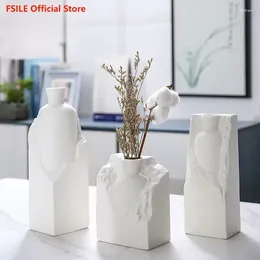 Vases FSILE White Ceramic Vase Flower Arrangement Ornaments Nordic Dining Table Living Room TV Cabinet Home Dried Decorations