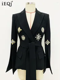 Women's Suits Solid Beaded Diamond Design Blazer For Women V Neck Lace Up Long Sleeve Elegant Blazers Female Summer 2024 36A1805