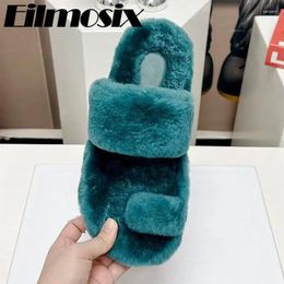 Slippers Thick Sole Flip Flops Wool Women 2024 Autumn One Strap Peep Toe Warm Outside Casual Lazy