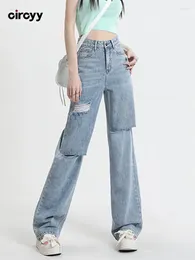 Women's Jeans Ripped For Women Baggy Light Blue Y2K High Waisted Denim Pants Wide Leg Trousers Spring Streetwear Fashion 2024