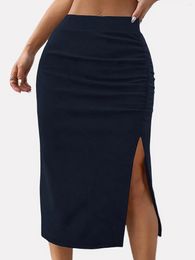 Skirts Women Fashion Solid Color Midi Casual High Waist Side Split Slim Ladies Elegant A Line Pleated