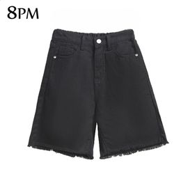 Plus Size Womens Bermuda Shorts Comfort Waist Frayed Raw Hemline Ripped Denim Black Color With Pockets ouc1531 240329