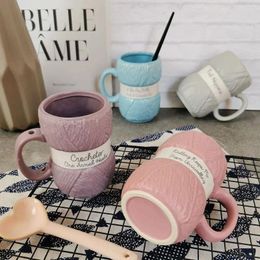 Mugs 450ML Retro Household Ceramic Wool Mug Three-dimensional Relief Creative Underglaze Color Breakfast Cup Milk Coffee