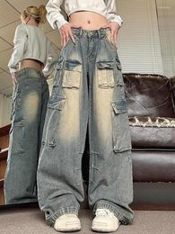 Women's Jeans Circyy Blue Baggy Women Denim Pants Street Wide Leg Pleated Y2K American Retro Fashion Straight Trousers