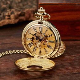 Pocket Watches Luxury Golden Mechanical Pocket for Men Women Smooth Vintage Roman Numeral Dial Man Fob Chain Pendant Clock for Collection L240402