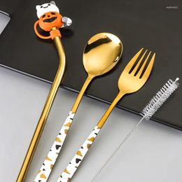 Dinnerware Sets 304 Stainless Steel Cute Cartoon Straw With Lid 2024 Creative Novel El Korean Spoon Fork Tableware Cutlery Set Kitchen