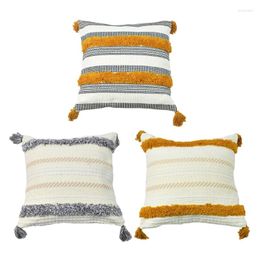 Pillow Case Morocco Style Tufted Square Throw For Tribal Boho Embroidery Multicolor Striped Decorative Cushion Cover With Fringe