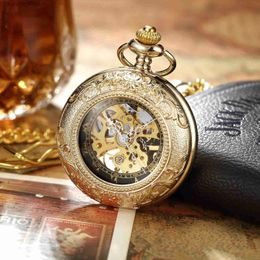 Pocket Watches Vintage Bronze Hollow Steampunk Dial Pocket Skeleton Mechanical Necklace Pocket Fob es Chain Men Women Clock 2024 L240402