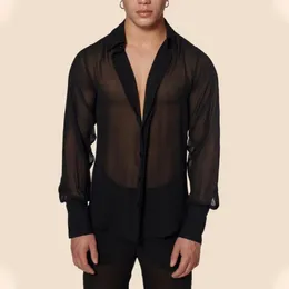 Men's Casual Shirts Stylish Streetwear Black Mesh See-through Shirt With Long Sleeves V-neck Sexy Single-breasted Blouse For Party Men