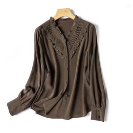 Women's Blouses Satin Shirts Solid Silk Vintage Loose Spring/Summer V-Necks Clothing Long Sleeves Ruffle Women Tops YCMYUNYAN