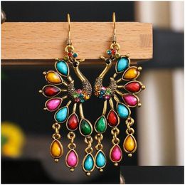 Dangle & Chandelier Vintage Bohemian Peacock Earrings For Women Boho Antique Gold Color Mticolor Rhinestone Ethnic Drop Delivery Jewe Dhafw