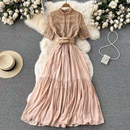 Elegant New Summer Women Stand Collar Long Dress Vintage Female Lace Patchwork Empire Slim Fairy With Belt 2024