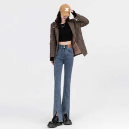 Split cut jeans for womens spring and autumn 2024 new womens high waisted elastic slimming and floor mopping micro flared pants