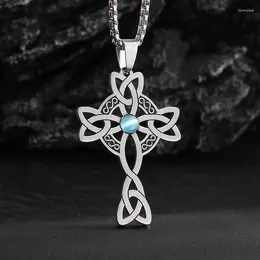 Pendant Necklaces Fashionable Stainless Steel Celtic Cross Necklace Blue Gemstone Gothic Punk Trend Street Birthday Jewelry Gift