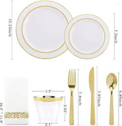 Disposable Dinnerware 175PCS Gold Plastic Plates & White And Dinnerware-Include 50Plates 25Knives 25Spoons 25Forks 25Cups