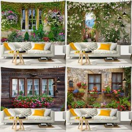 Tapestries Garden Windowsill Flowers Landscape Wall Hanging Idyllic Scenery Tapestry Cloth Beach Mat Flower Blanket Home Decoration