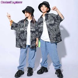 Trousers Boys Street Dance Print Shirt Jeans Girls Hip Hop Paisy Clothes Set Kids Cool Jazz Pants Outfits Teen Rap Costumes Streetwear L46