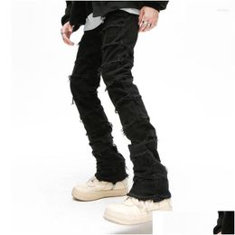 Men'S Jeans Mens Retro Work Flared Pants Grunge Wild Stacked Ripped Long Trousers Straight Y2K Baggy Washed Faded For Men Drop Delive Dhzt8