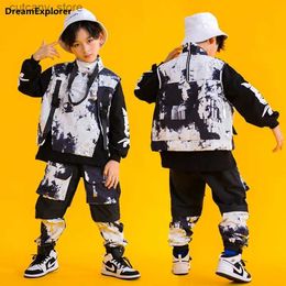 Trousers Boy Hip Hop Ink Wash Printed Vest Cargo Pants Kids Joggers Street Dance Girls Clothes Sets Child Jazz Costumes Streetwear Outfit L46