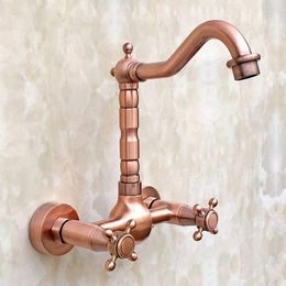 Bathroom Sink Faucets Antique Red Copper Brass Wall Mounted Dual Cross Handles Kitchen Faucet Basin Mixer Water Taps Swivel Spout Mrg031