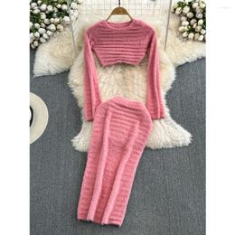 Work Dresses Women Sexy Short Sweaters Suits Striped Pullover Long Sleeve Cropped Tops HIgh Waist Hips Skirt 2Pcs Female Solid Clubwear Sets