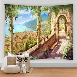 Tapestries European Arched Corridor Scenery Wall Hanging Landscape Tapestry Sea Beach Cloth Mat Flower Blanket Home Decoration