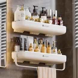 Bath Accessory Set 2in 1 Bathroom Storage Rack Towel Shelf Wall Mounted Shower No-punched Gel Toothcup Holder Wash Face Milk Tray