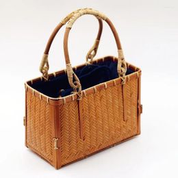 Evening Bags Women Bamboo Handbag Wooden Handle Vintage Tote Bag Japan Style Woven Beach Box Shape Female Wicker Hands Wholesale