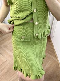 Work Dresses "French Sweetheart" Wooden Ear Edge Olive Green Sleeveless Knitted Vest For Women With Half Skirt Set