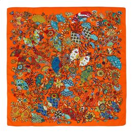 POBING 100% Silk Scarf Women Floral Fan Print Stoles Bandana Female Beach Shawl Wrap Large Foulard Square Scarves 130*130CM 240323