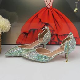 Dress Shoes BaoYaFang AB Rhinestone Pointed Toe Pearl Bridal Wedding Women Thin Heel Ankle Strap Female Ladies Shallow