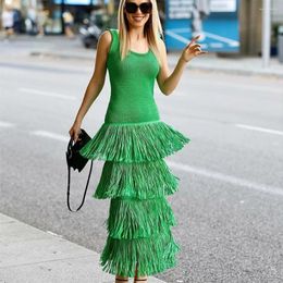 Casual Dresses 2024 Autumn Women's Tank Top Skirt Long Sleeveless French Fringe Detail Knitted Dress