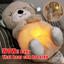 Baby Breathing Bear Soothing Otter Plush Doll Toy Kids Music Sleeping Companion Sound and Light Gift 240325