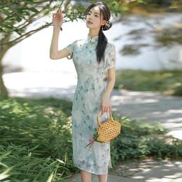 Ethnic Clothing Women Green Long Cheongsam Summer Short Sleeve Elegant Floral Vintage Dress Qipao S To 2XL High-Fashion S2522