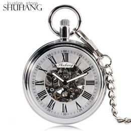 Pocket Watches SHUHANG New Mechanical 2017 Mens Automatic Self Rolling Pocket Silver Simple Open Chain Pendant with Roman numerals L240402