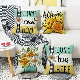 Sunflowers Daisy Decor Throw Pillow Covers Cotton Linen Colourful Vintage Flower Blooming Welcome Word Standard Cushion Case Cover Decor Home Sofa Chair 18X18Inch