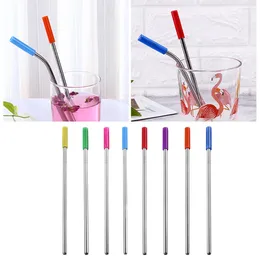 Drinking Straws 4Pcs Reusable Silicone Tips Cover Stainless Steel Straight Bent With Bag Brush Metal Straw Set