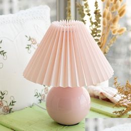 Table Lamps Korean Vintage Pink Ceramic Lamp Bedside Living Room Light Fixtures Fold Fabric Nightstand Desk Art Deco Drop Delivery Dh3Ej