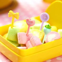 Forks 6pcs Kawaii Strawberry Button Bow Heart Pick Children Snack Dessert Fruit Lunch Bento Decorative Stick Mini Fork