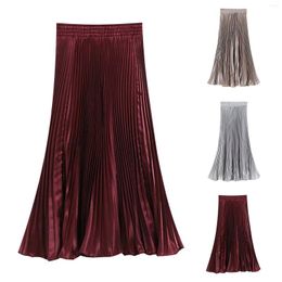 Skirts Women Vintage Midi Skirt Wide Elastic High Waist Pleated A-Line Solid Colour Smooth Satin Long Luxury Chic Faldas