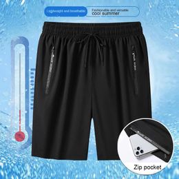 Running Shorts Outdoor Men Zippered Pocket Men's Knee-length Ice Silk Beach With Zipper Pockets Drawstring For Holiday