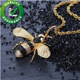 Iced Out Full Cubic Zircon Animal Bee Pendant Necklace Gold Silver Colour Designer Charm Hip Hop Jewellery Gifts for Men Women Fashion Honeybee Accessories