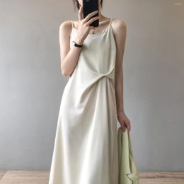 Casual Dresses Black White Dress French Suspender Women 2024 Summer Satin Thin Shoulder Strap Mid-length Solid Colour Woman