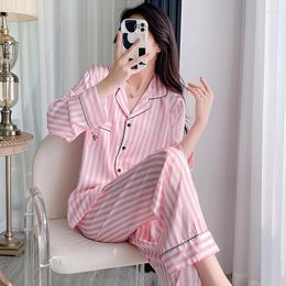 Home Clothing Pink Striped Pajama Set Loungewear Long Sleeves Pants Wear Women's Printed Lapel Sleepwear Satin Loose Casual Nightwear