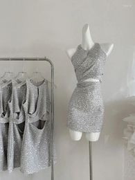 Casual Dresses Formal Occasion Grey Evening Dress Luxury Sequins Sparkly A-Line Office Lady Cutout Party Prom Gyaru French Elegance