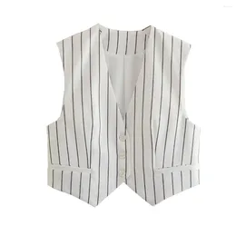 Women's Vests Pinstripe White Waistcoat Vest Women Elegant Sleeveless Jacket Chic Lady Female Clothing 2024