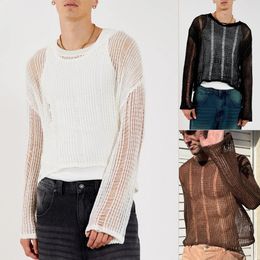 Spring Autumn Sweater T-shirts For Men Elastic Hollow Slinghtly Transparent Long Sleeve Loose Versatile Knitting Tees Tops 240327