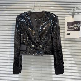 Women's Jackets PREPOMP 2024 Spring Arrival Long Sleeve V Neck Double Breasted Buttons Black Sequins Short Jacket Women GP643