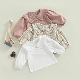 1-5Y Toddler Kids Girls Shirts Blouses PlaidSolid Colour Doll Collar Long Sleeve Shirts Spring Autumn Fashion Casual Tops 240326